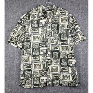 OP Sport Button Down Shirt Mens XXL Green Tiki Tribal Island Print Short Sleeve